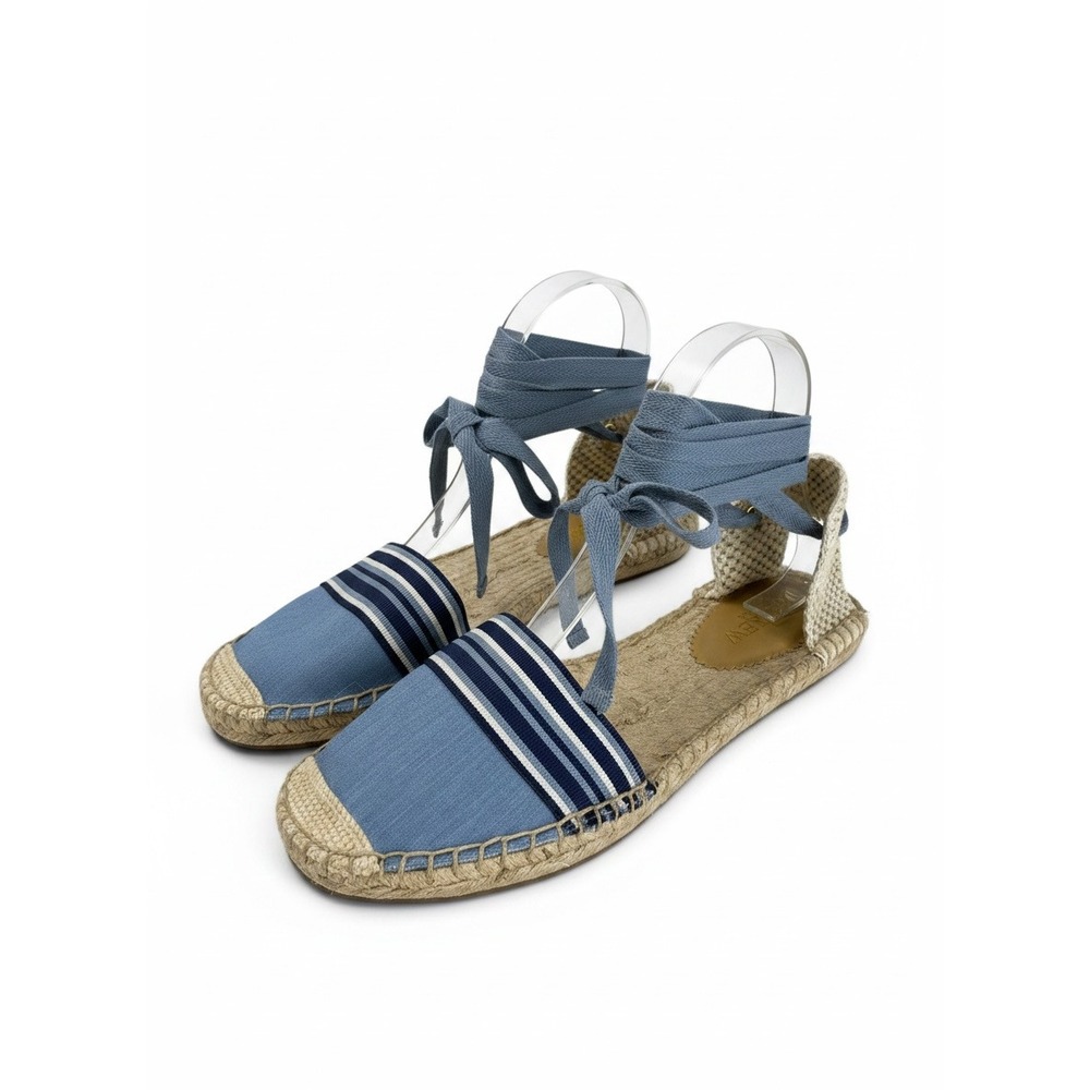J.Crew Canvas Ankle Tie Espadrille Flats Womens‎ 8 Blue Chambray Stripe NWOB